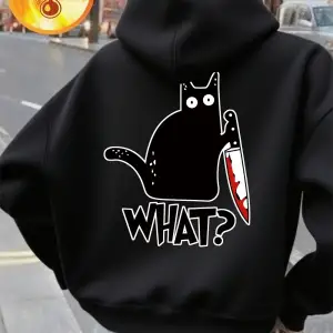 Bıçak Tutan Siyah Kedi Baskılı Kadınlar İçin Rahat Bol Sweatshirt Polar Sıcak Yumuşak Kazak G
