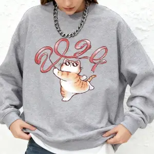 Bir Kedi Kurdele Çıkarıyor 2024 Baskılı Sweatshirt Kadın Günlük Uzun Kollu Yuvarlak Yaka Kapü