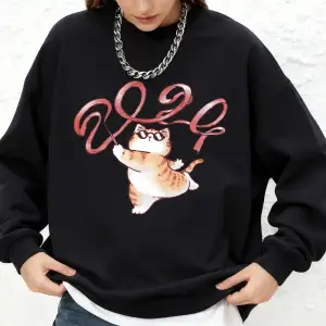 Bir Kedi Kurdele Çıkarıyor 2024 Baskılı Sweatshirt Kadın Günlük Uzun Kollu Yuvarlak Yaka Kapü