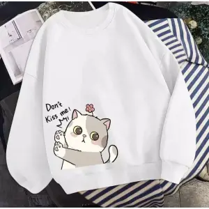 Bisiklet Yaka Dont Kıss Me Kedicik Baskılı Tam Kışlık Kalın Oversize Kadın Sweatsh Beyaz