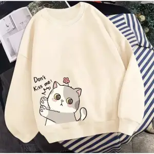 Bisiklet Yaka Dont Kıss Me Kedicik Baskılı Tam Kışlık Kalın Oversize Kadın Sweatsh Beyaz