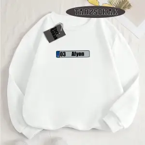 Biskilet Yaka Sweatshirt Beyaz 03 Afyon Özel Tasarım Plaka Detaylı