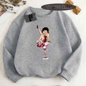 Biskilet Yaka Sweatshirt Beyaz Betty Boop Özel Tasarım