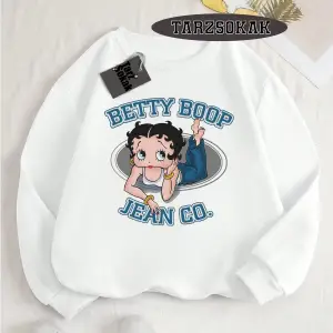 Biskilet Yaka Sweatshirt Beyaz Betty Boop Özel Tasarım
