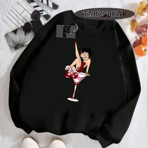 Biskilet Yaka Sweatshirt Beyaz Betty Boop Özel Tasarım