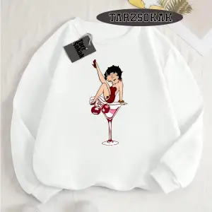 Biskilet Yaka Sweatshirt Beyaz Betty Boop Özel Tasarım