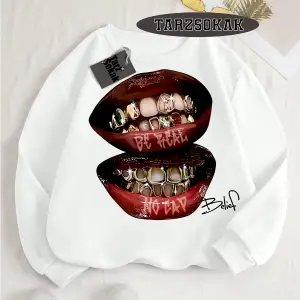 Biskilet Yaka Sweatshirt Beyaz Grillz Tee Özel Tasarım