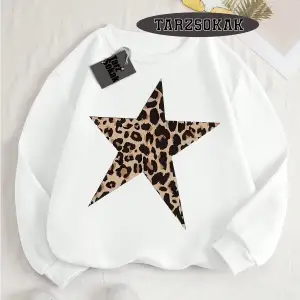Biskilet Yaka Sweatshirt Beyaz Leopar Yıldız Özel Tasarım
