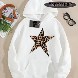 Biskilet Yaka Sweatshirt Beyaz Leopar Yıldız Özel Tasarım