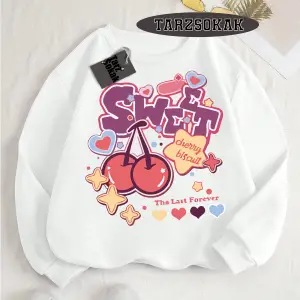 Biskilet Yaka Sweatshirt Beyaz Melodies Kiraz Özel Tasarım