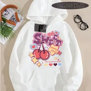 Biskilet Yaka Sweatshirt Beyaz Melodies Kiraz Özel Tasarım