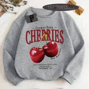 Biskilet Yaka Sweatshirt Beyaz Red Cherries Özel Tasarım