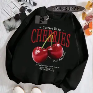 Biskilet Yaka Sweatshirt Beyaz Red Cherries Özel Tasarım