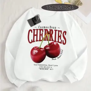Biskilet Yaka Sweatshirt Beyaz Red Cherries Özel Tasarım