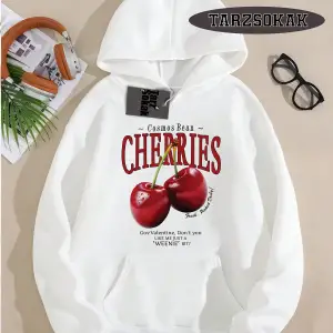 Biskilet Yaka Sweatshirt Beyaz Red Cherries Özel Tasarım