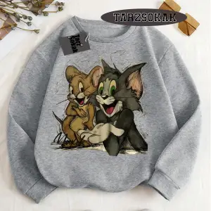 Biskilet Yaka Sweatshirt Beyaz Tom And Jerry Cartoons Özel Tasarım
