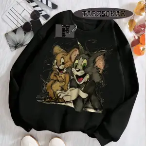 Biskilet Yaka Sweatshirt Beyaz Tom And Jerry Cartoons Özel Tasarım