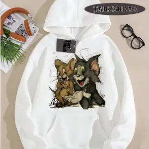 Biskilet Yaka Sweatshirt Beyaz Tom And Jerry Cartoons Özel Tasarım