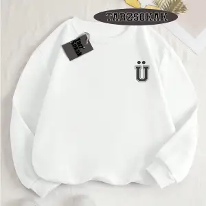 Biskilet Yaka Sweatshirt Beyaz U HARFİ İSME Özel Tasarım