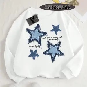 Biskilet Yaka Sweatshirt Beyaz YILDIZ DESENLİ Özel Tasarım