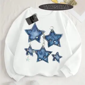 Biskilet Yaka Sweatshirt Beyaz YILDIZ DESENLİ Özel Tasarım