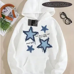 Biskilet Yaka Sweatshirt Beyaz YILDIZ DESENLİ Özel Tasarım