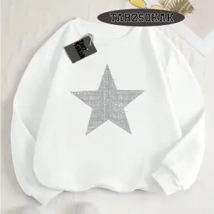 Biskilet Yaka Sweatshirt Beyaz YILDIZ DESENLİ Özel Tasarım