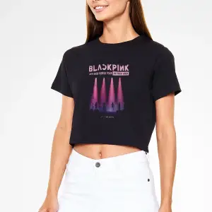 Black Pink Baskılı Kadın Siyah Crop Top Tişört