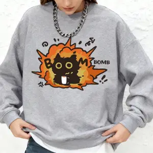 Bomb Boom Kedi Baskı Kapüşonlular Bayan Kış Bisiklet Yaka Büyük Boy Tişörtü Rahat Sıcak Uzun