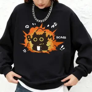 Bomb Boom Kedi Baskı Kapüşonlular Bayan Kış Bisiklet Yaka Büyük Boy Tişörtü Rahat Sıcak Uzun