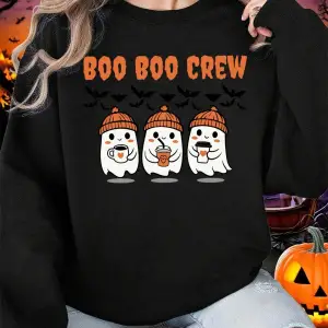 Boo Boo Crew Hayalet Baskılar Cadılar Bayramı Kazak Kadın Kış Polar Sıcak Hoodies Crewneck Ge