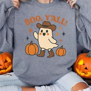 Boo, YAll Sevimli Hayalet Baskı Cadılar Bayramı Kazak Kadın Kış Polar Sıcak Hoodie Crewneck