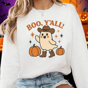 Boo, YAll Sevimli Hayalet Baskı Cadılar Bayramı Kazak Kadın Kış Polar Sıcak Hoodie Crewneck