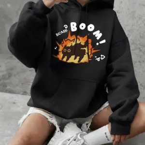 Boom Cat Karikatür Baskılı Kapüşonlu Üstler Kadınlar İçin Kışlık Polar Sıcak Sweatshirtler Ba