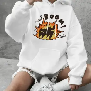 Boom Cat Karikatür Baskılı Kapüşonlu Üstler Kadınlar İçin Kışlık Polar Sıcak Sweatshirtler Ba