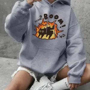 Boom Cat Karikatür Baskılı Kapüşonlu Üstler Kadınlar İçin Kışlık Polar Sıcak Sweatshirtler Ba