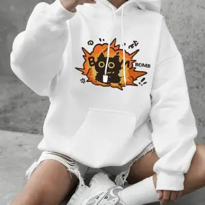 Boom Cat Karikatür Baskılı Sweatshirtler Kadınlar İçin Basic Yuvarlak Yaka Kapüşonlu Üstler G