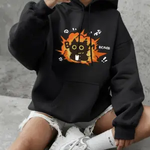 Boom Cat Karikatür Baskılı Sweatshirtler Kadınlar İçin Basic Yuvarlak Yaka Kapüşonlu Üstler G