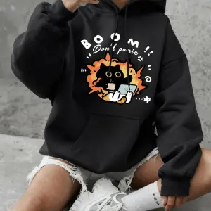 Boom Dont Panic Kedi Baskılı Tişörtü Kadın Kışlık Polar Sıcak Kapüşonlu Üstler Temel Bisikle