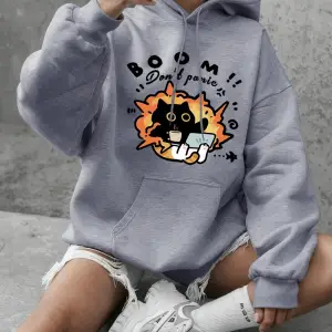 Boom Dont Panic Kedi Baskılı Tişörtü Kadın Kışlık Polar Sıcak Kapüşonlu Üstler Temel Bisikle