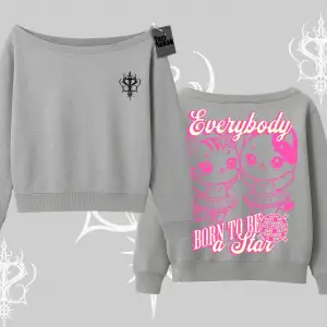 Born to Be a Star Yazılı Sevimli Kedi Arka Baskılı Kayık Yaka Sweatshirt
