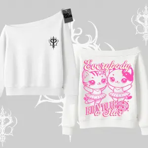 Born to Be a Star Yazılı Sevimli Kedi Arka Baskılı Kayık Yaka Sweatshirt