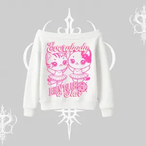 Born to Be a Star Yazılı Sevimli Kedi Arka Baskılı Kayık Yaka Sweatshirt