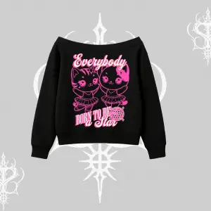 Born to Be a Star Yazılı Sevimli Kedi Arka Baskılı Kayık Yaka Sweatshirt