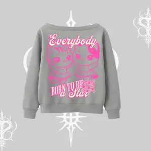 Born to Be a Star Yazılı Sevimli Kedi Arka Baskılı Kayık Yaka Sweatshirt