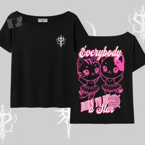 Born to Be a Star Yazılı Sevimli Kedi Arka Baskılı Kayık Yaka Tshirt