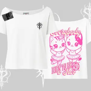 Born to Be a Star Yazılı Sevimli Kedi Arka Baskılı Kayık Yaka Tshirt