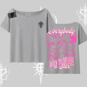 Born to Be a Star Yazılı Sevimli Kedi Arka Baskılı Kayık Yaka Tshirt