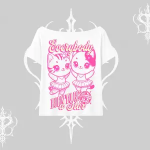 Born to Be a Star Yazılı Sevimli Kedi Arka Baskılı Kayık Yaka Tshirt