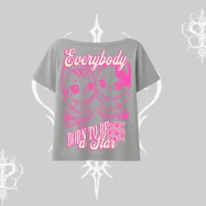 Born to Be a Star Yazılı Sevimli Kedi Arka Baskılı Kayık Yaka Tshirt